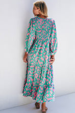 Load image into Gallery viewer, Green Abstract Print Puff Sleeve Tied Notched Neck Long Dress
