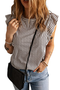 Khaki Striped Crew Neck Ruffled Tank Top