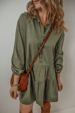 Load image into Gallery viewer, Jungle Green Puff Sleeve Buttoned Tiered Pleated Shirt Mini Dress
