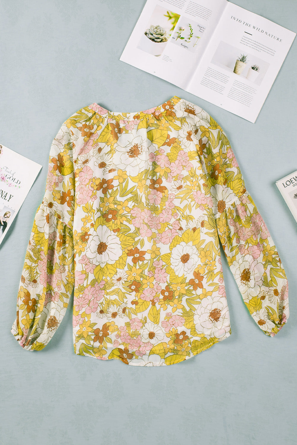 Multicolor Floral Print V Neck Long Puff Sleeve Top