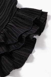 Black Textured Ruffled Sleeve V Neck Top