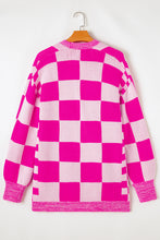 Load image into Gallery viewer, Rose Red Checkered Printed Ribbed Trim Open Front Cardigan
