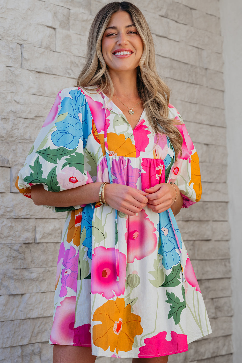 Rose Floral Print Split Neck Babydoll Dress