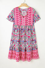 Load image into Gallery viewer, Pink Bohemian Print Tie Neck Ruffle Hem Short Dress
