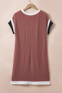 Rose Red Textured Colorblock Edge Patched Pocket T Shirt Dress