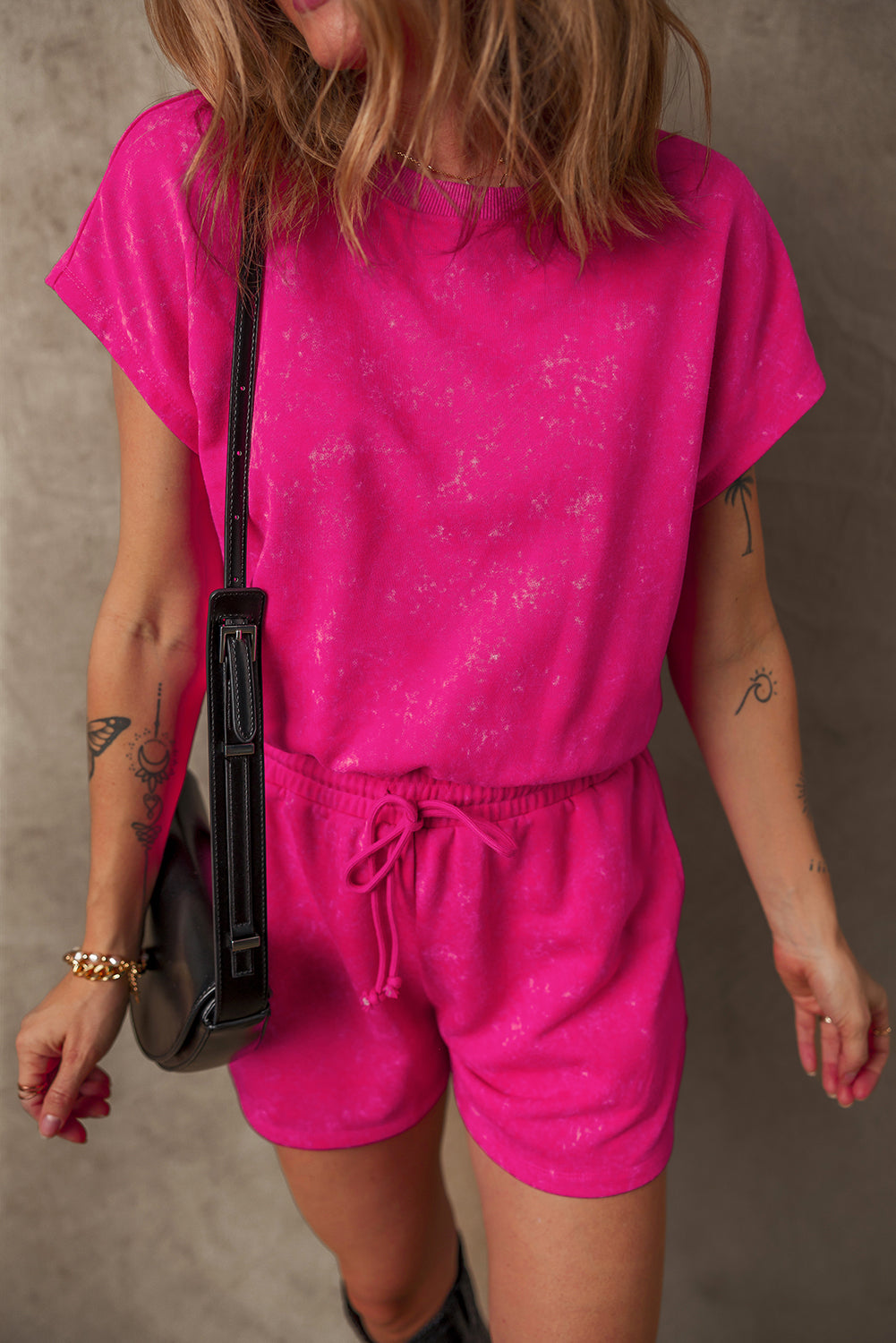 Mist Blue Mineral Wash Drawstring Waist Hollow Out Back Short Sleeve Romper