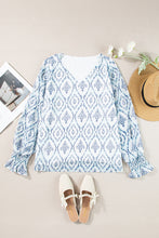 Load image into Gallery viewer, Sky Blue Geometric Print Shirred Puff Sleeve V Neck Blouse
