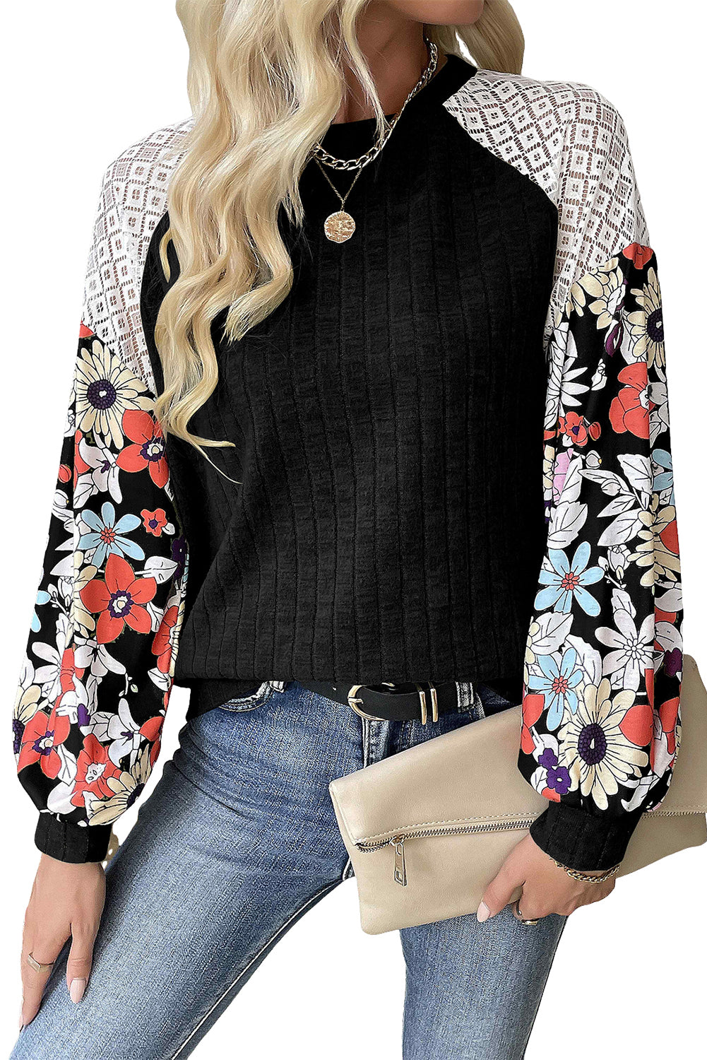 Black Floral Patchwork Long Sleeve Ribbed Blouse