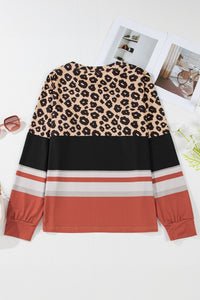 Khaki Leopard Color Block Crewneck Long Sleeve Top