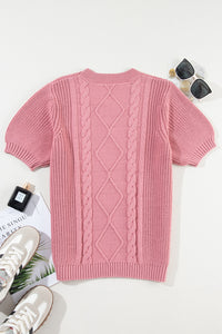 Pink Cable Knit Mixed Textured Short Sleeve Sweater