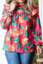 Load image into Gallery viewer, Rose Floral Print Pleated Ruffled O Neck Plus Size Blouse
