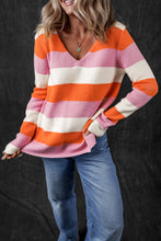 Load image into Gallery viewer, Orange Stripe Colorblock V Neck Casual Sweater
