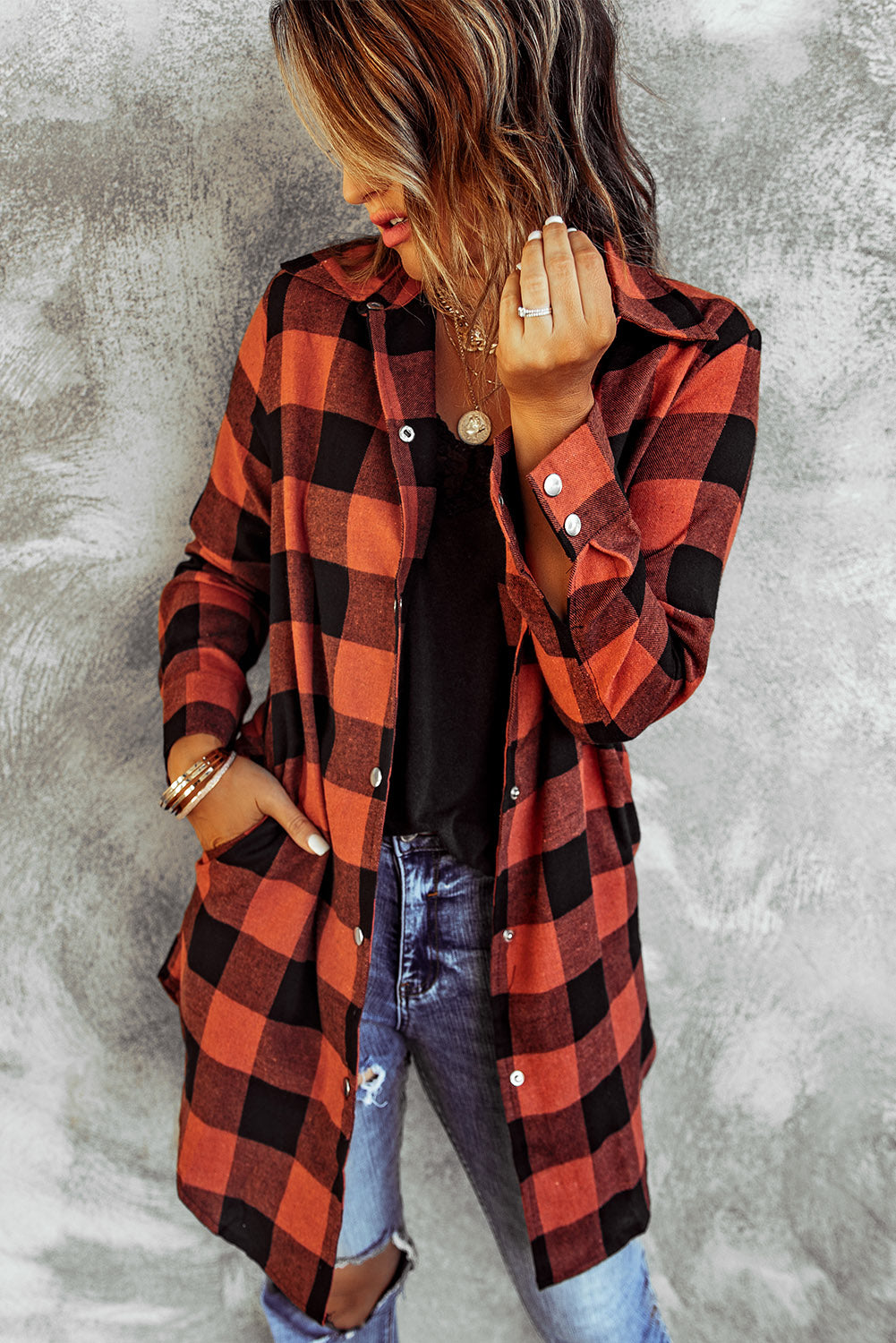 Green Turn-down Collar Plaid Shirt Coat