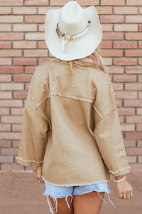 Khaki Pearl Beaded Raw Hem Button Up Denim Jacket