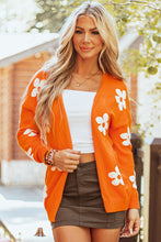 Load image into Gallery viewer, Orange Floral Print Knitted Open Front Loose Cardigan
