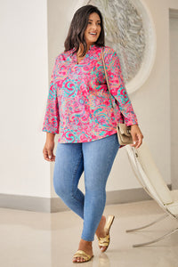 Rose Plus Size Paisley Print V Neck Roll Tab Sleeve Blouse