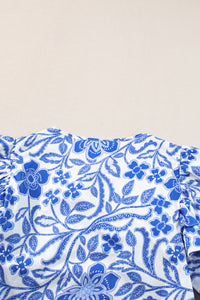 Dark Blue Floral Print Ruffled Bubble Sleeve Blouse