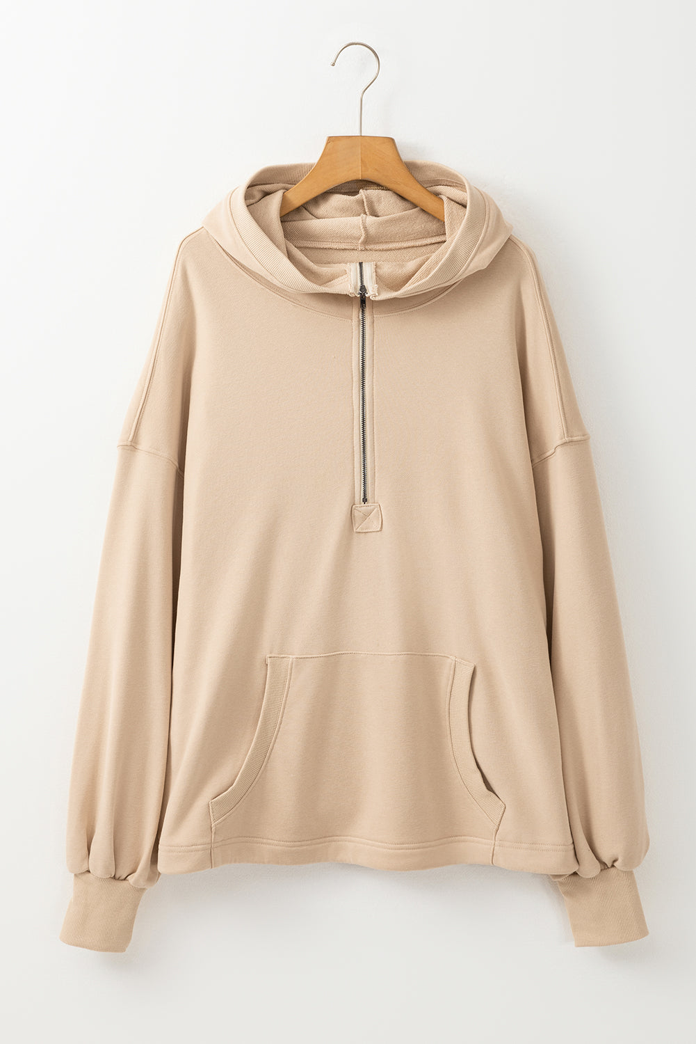 Black Solid Kangaroo Pocket Half Zipper Oversized Hoodie