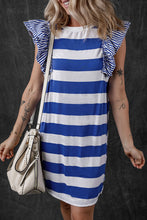 Load image into Gallery viewer, Sky Blue Stripe Contrast Ruffled Sleeve T-shirt Dress
