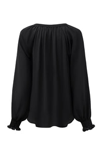 Green Pleated V Neck Puffy Sleeve Blouse