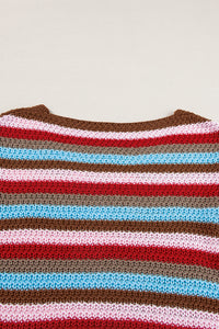 Multicolour Striped Ruffled Sleeve V Neck Sweater