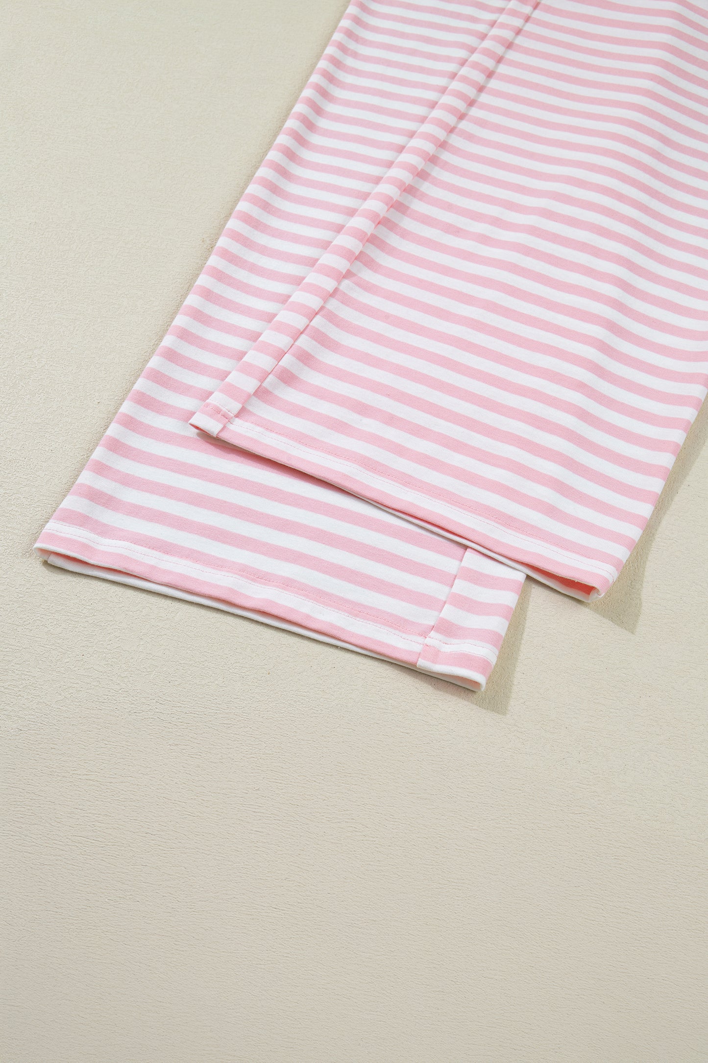 Pink Stripe Drop Shoulder Round Neck Top and Buttoned Straight Pants Two Piece Set