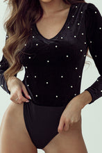 Load image into Gallery viewer, Black Velvet Beaded Long Sleeve V Neck Bodysuit
