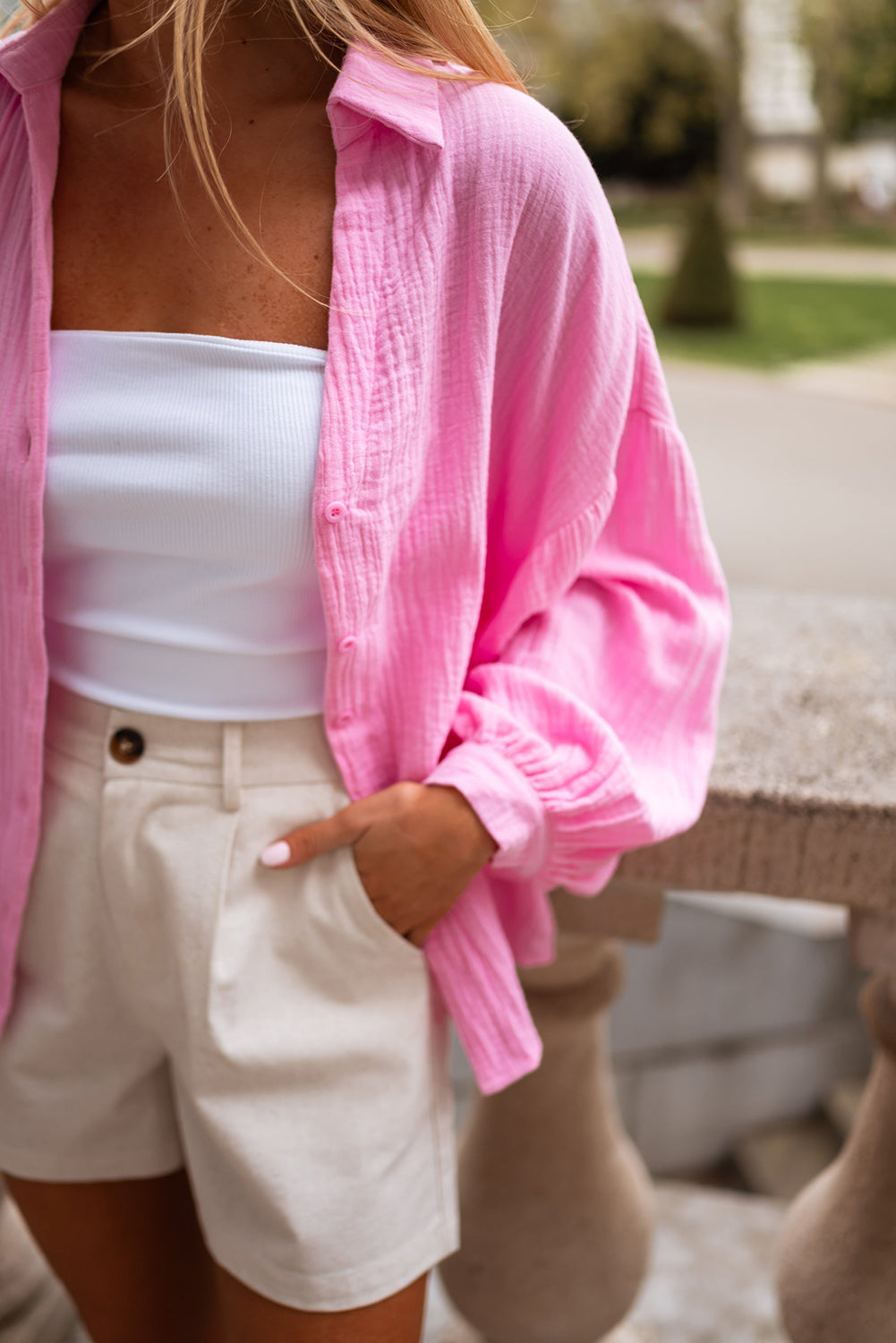 Bonbon Solid Color Puff Sleeve Crinkled Shirt