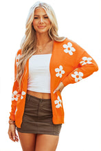 Load image into Gallery viewer, Orange Floral Print Knitted Open Front Loose Cardigan
