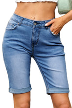 Load image into Gallery viewer, Sky Blue Acid Wash Roll-up Edge Bermuda Short Jeans
