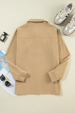 Load image into Gallery viewer, Light French Beige Solid Frilled Flap Pocket Button Up Corduroy Shacket
