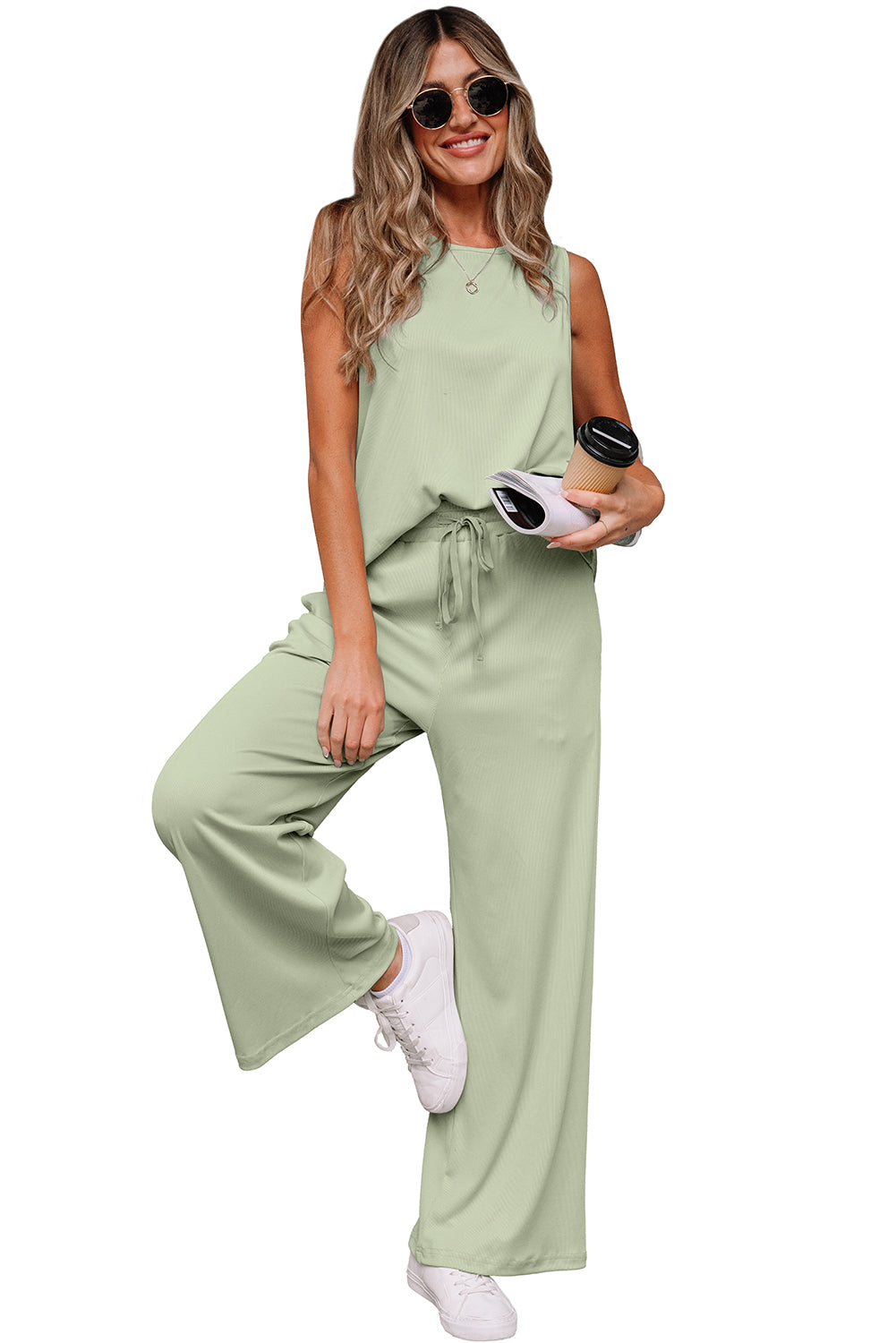 Smoke Green Textured Tank Top and Drawstring High Waist Pants Set