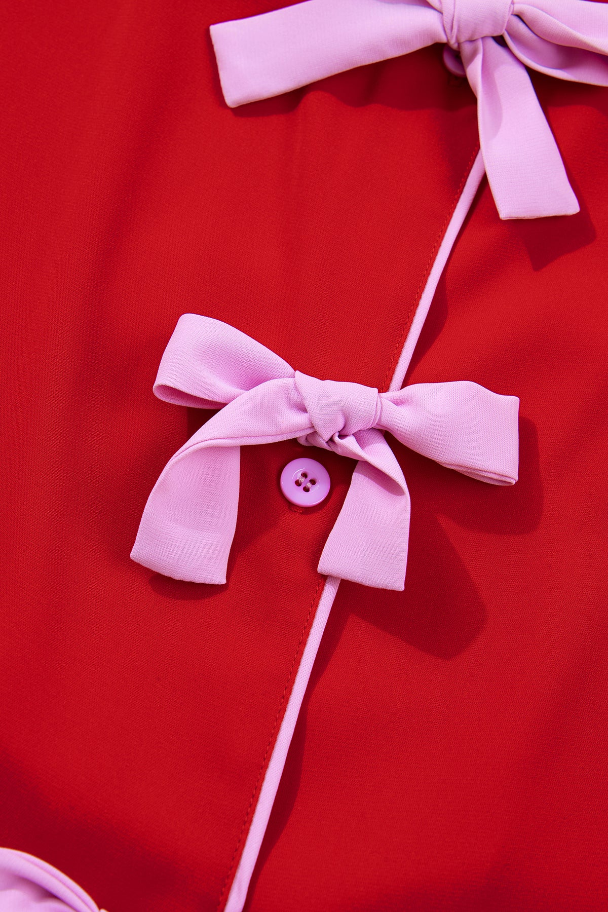 Fiery Red Contrast Trim Ribbon Bow Short Silky 2pcs Pajama Set