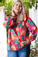 Load image into Gallery viewer, Rose Floral Print Pleated Ruffled O Neck Plus Size Blouse
