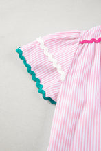 Load image into Gallery viewer, Sky Blue Stripe Ricrac Trim Split Neck Striped Ruffled Sleeve Blouse
