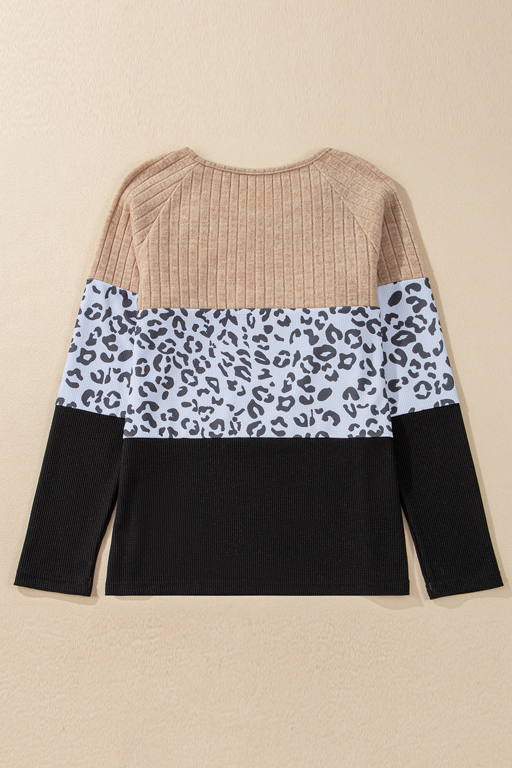 Black Cheetah Textured Patchwork Buttoned Round Neck T Shirt