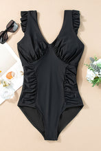 Load image into Gallery viewer, Black Ruffled Trim Ruched One Piece Bathing Suit
