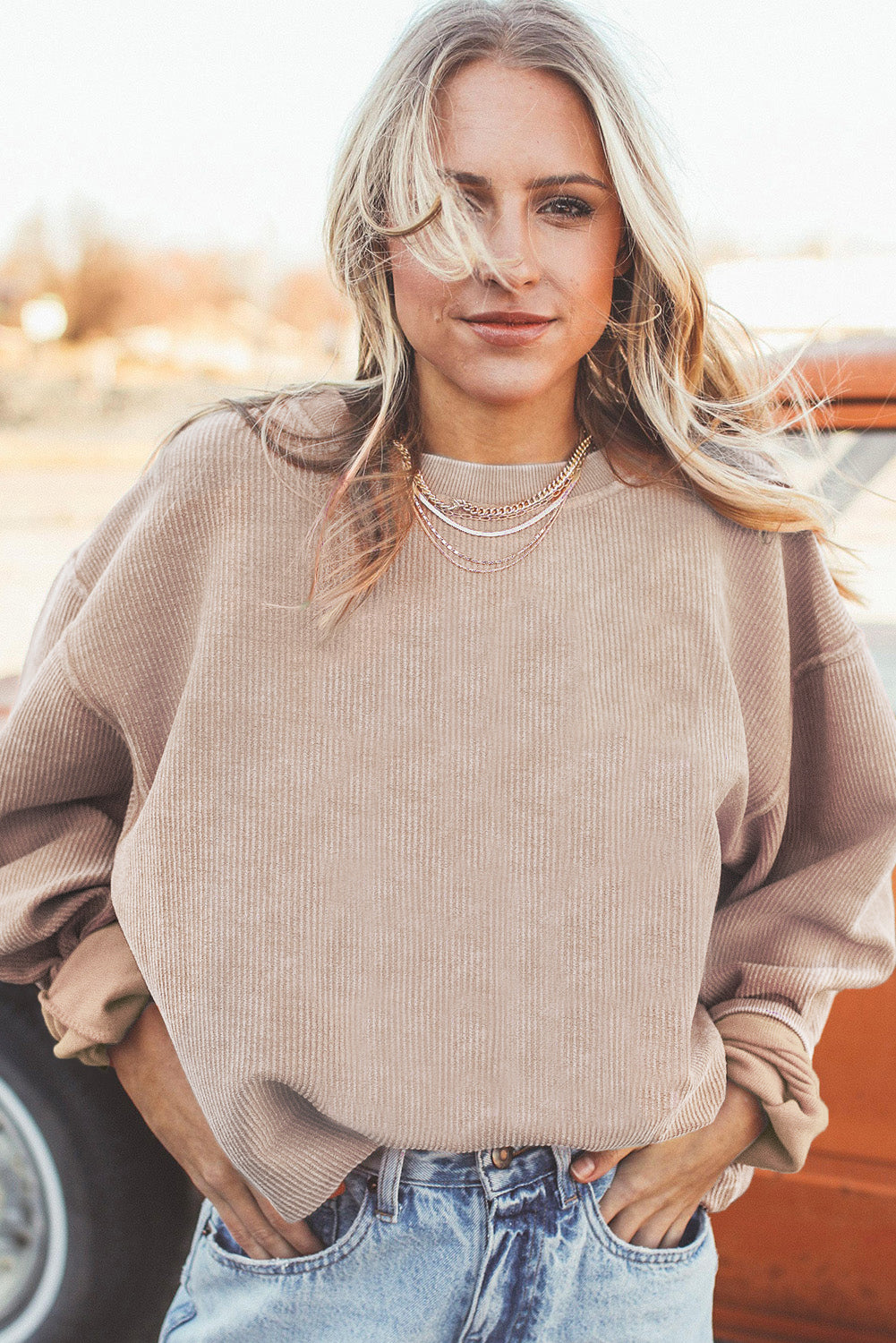 Smoke Gray Ribbed Corduroy Oversized Sweatshirt