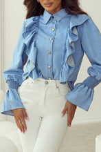 Load image into Gallery viewer, Myosotis Ruffled Shirred Cuffs Button up Chambray Shirt
