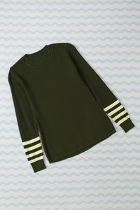 Green Striped Sleeve Plain Knit Sweater