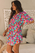 Load image into Gallery viewer, Sky Blue Floral Print Tie Split Neck Bubble Sleeve Babydoll Dress
