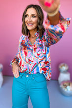 Load image into Gallery viewer, Pink Abstract Print Frilly Neck Ruffled Sleeve Blouse
