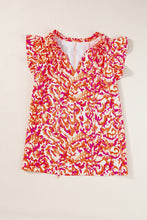 Load image into Gallery viewer, Orange Abstract Print Ruffled Trim Tied Split Neck Tank Top
