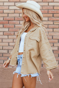 Khaki Pearl Beaded Raw Hem Button Up Denim Jacket