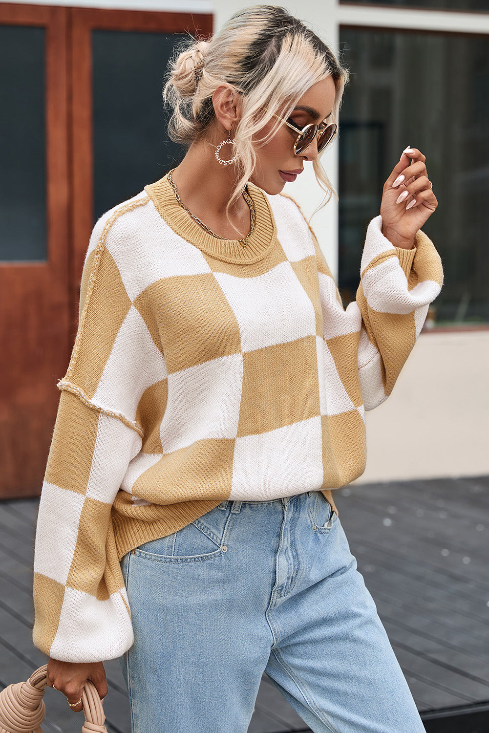 Green Checkered Bishop Sleeve Sweater