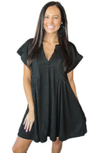 Load image into Gallery viewer, Black Textured V Neck Short Sleeve Pockted Mini Dress
