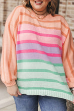 Load image into Gallery viewer, Pink Stripe Color Block Balloon Sleeve Crewneck Plus Size Sweater
