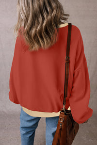 Red Clay Color Block Patch Drop Shoulder Oversized Sweatshirt