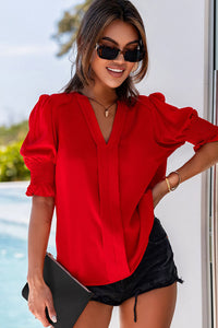 Apricot Solid Color Half Sleeve V Neck Blouse