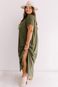 Black Plus Size V Neck Rolled Cuffs Maxi Dress